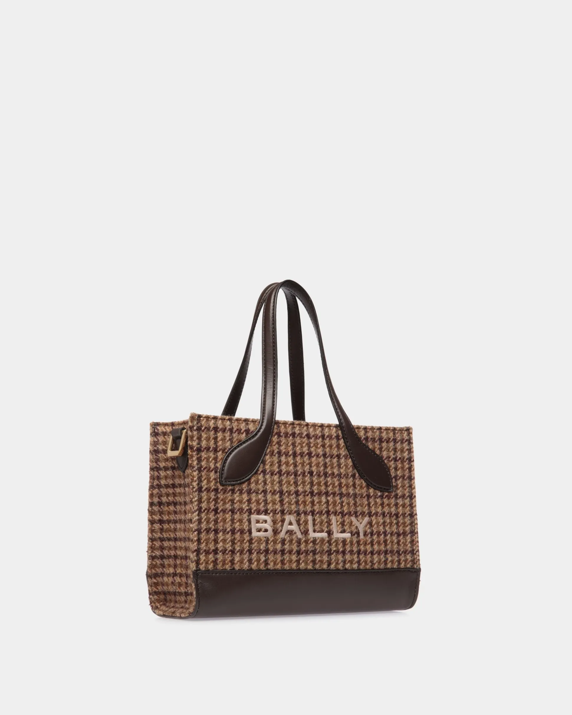 Bar Mini Tote Bag in Multibrown Check Wool And Leather