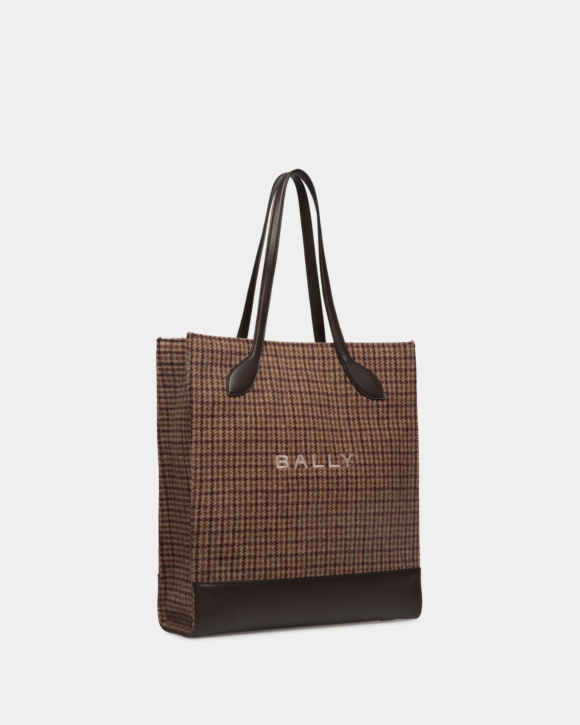 Bar Tote Bag in Multibrown Check Wool And Leather