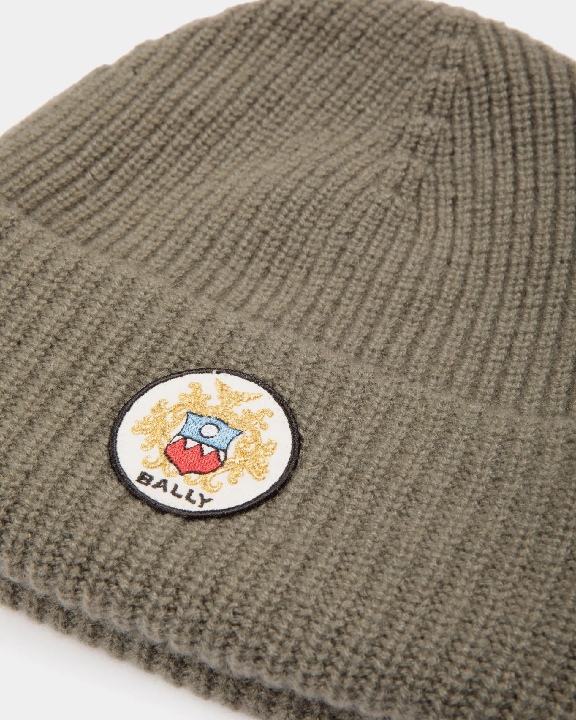 Beanie With Bally Crest Logo In Military Green Cashmere