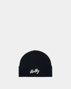 Beanie With Logo In Navy Blue Wool