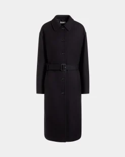Belted Coat In Navy Blue Wool Blend