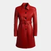 Belted Midi Coat in Candy Red Leather