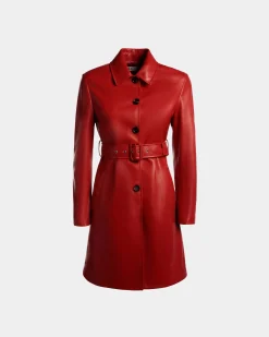Belted Midi Coat in Candy Red Leather