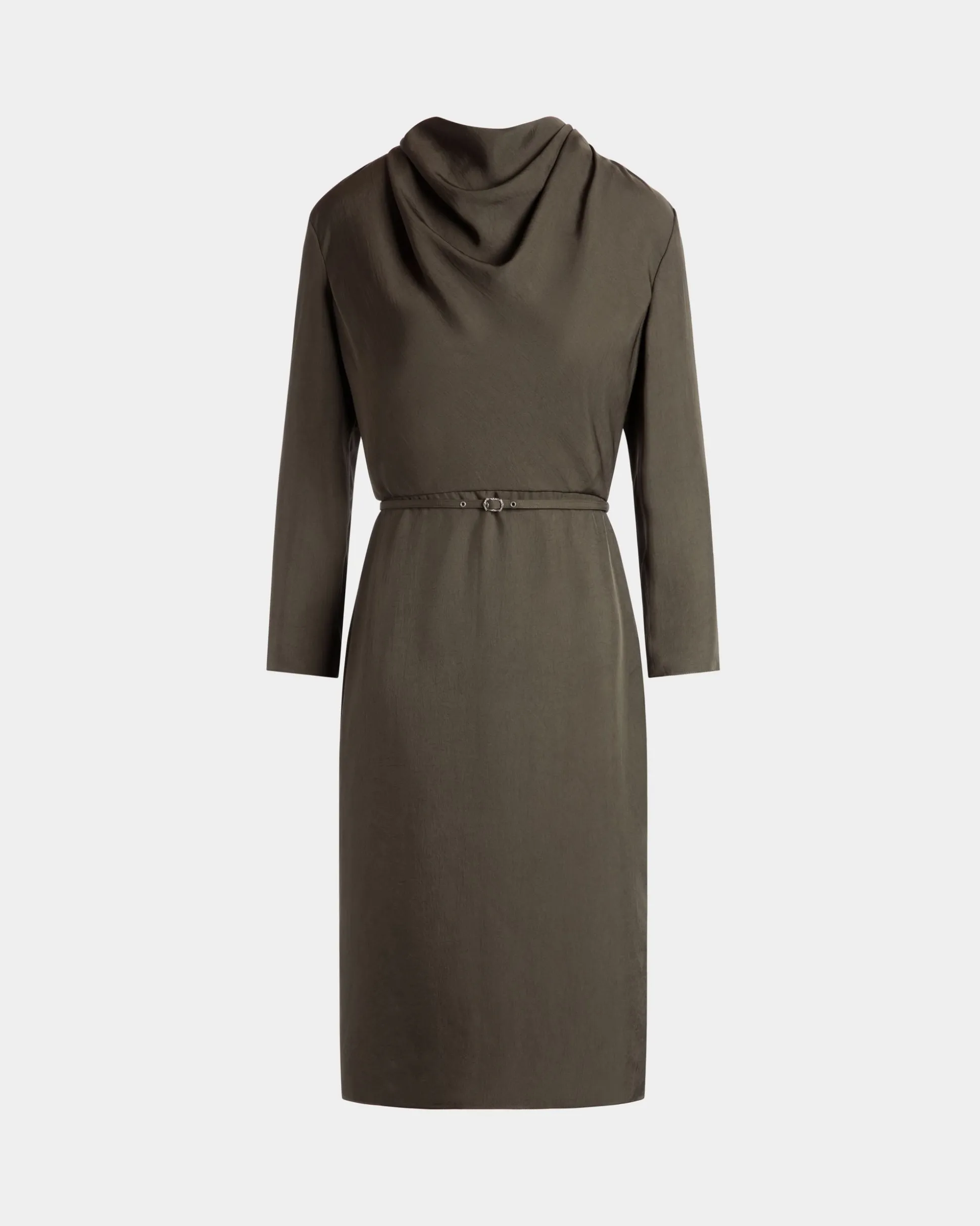 Belted Midi Dress In Military Green Fluid Twill