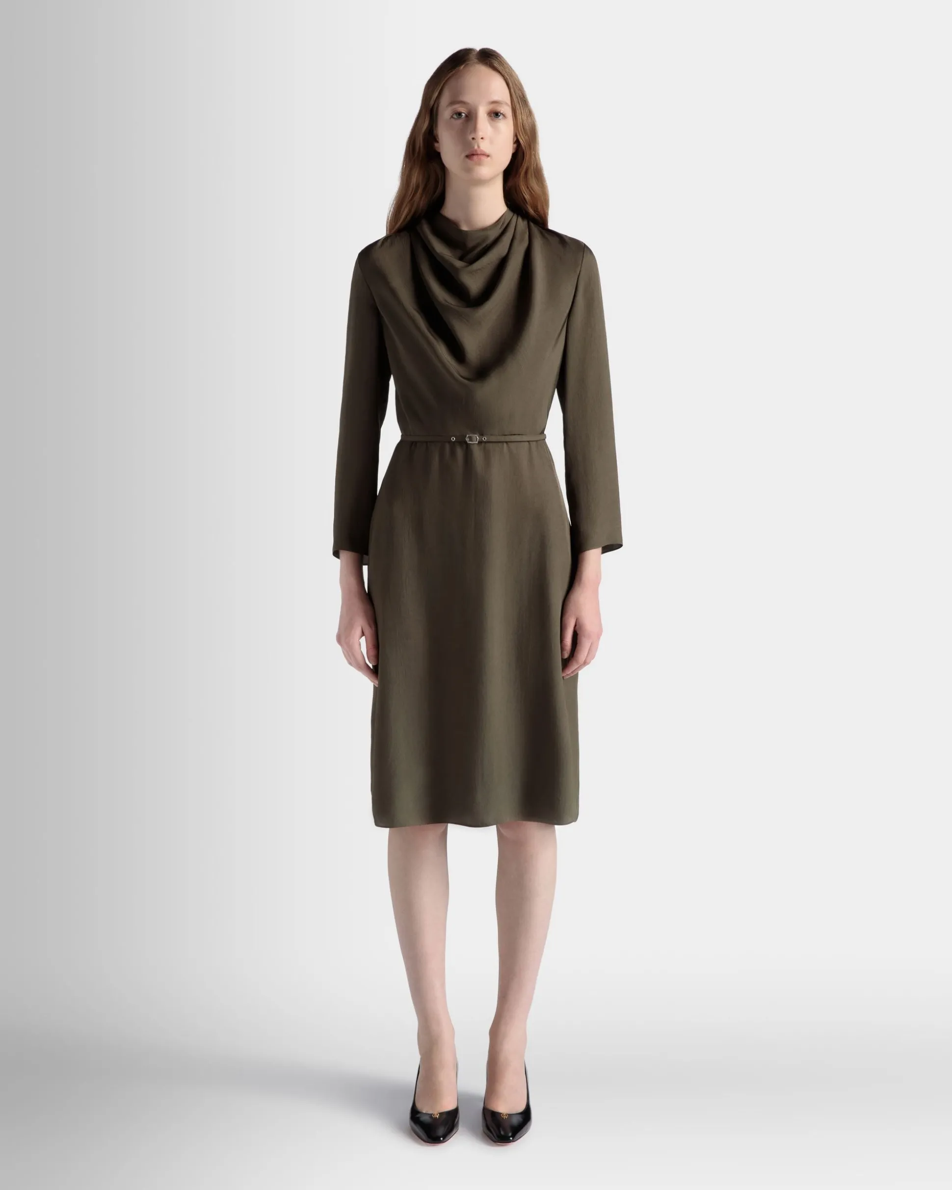 Belted Midi Dress In Military Green Fluid Twill