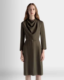 Belted Midi Dress In Military Green Fluid Twill