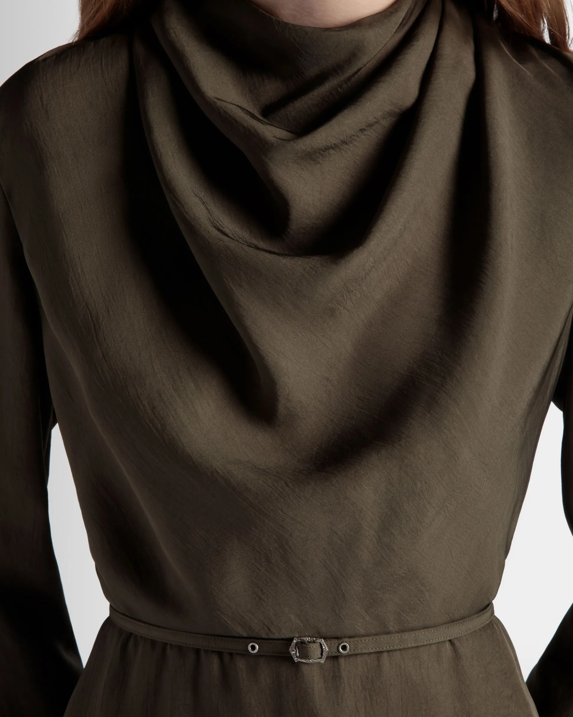 Belted Midi Dress In Military Green Fluid Twill