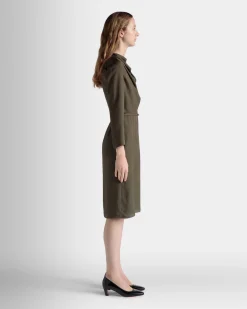 Belted Midi Dress In Military Green Fluid Twill