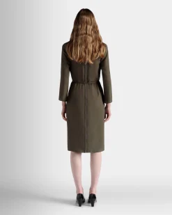 Belted Midi Dress In Military Green Fluid Twill