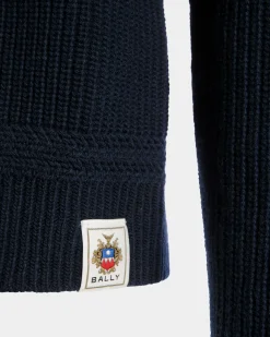 Crewneck Sweater With Bally Crest Logo in Navy Blue Wool