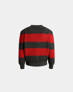 Crewneck Sweater With Bally Crest Logo In Candy Red And Dark Grey Wool