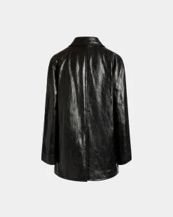 Double-breasted Coat In Black Leather