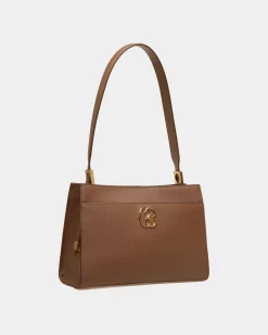 Emblem Shoulder Bag in Brown Grained Leather
