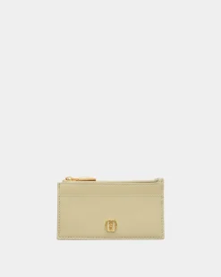 Emblem Zipped Card Holder In Light Green Leather