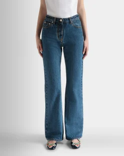 Flared Denim Pants in Medium Blue Cotton