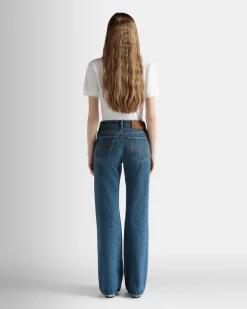 Flared Denim Pants in Medium Blue Cotton