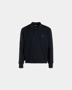 Long Sleeve Polo With Bally Crest Logo In Navy Blue Wool