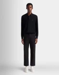 Long Sleeve Polo With Bally Crest Logo In Navy Blue Wool