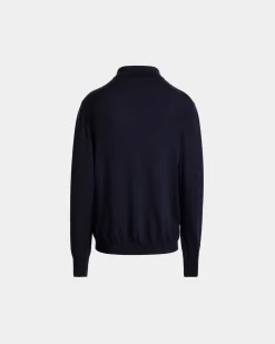 Long Sleeve Polo With Bally Crest Logo in Navy Blue Cashmere Blend