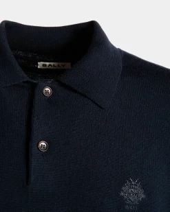 Long Sleeve Polo With Bally Crest Logo In Navy Blue Wool