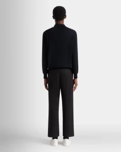 Long Sleeve Polo With Bally Crest Logo In Navy Blue Wool