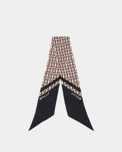 Neck Bow With Emblem Print In Navy Blue Silk