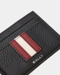 Ribbon Card Holder In Black Grained Leather