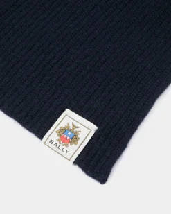 Scarf With Bally Crest Logo In Navy Blue Wool