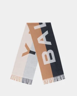 Scarf With Logo In Brown And Navy Blue Cashmere Blend