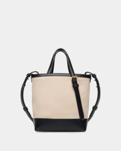 Summer Capsule Small Tote Bag In Natural And Navy Blue Canvas And Leather