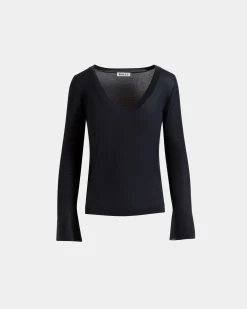 V-Neck Knit Top in Navy Blue Cashmere